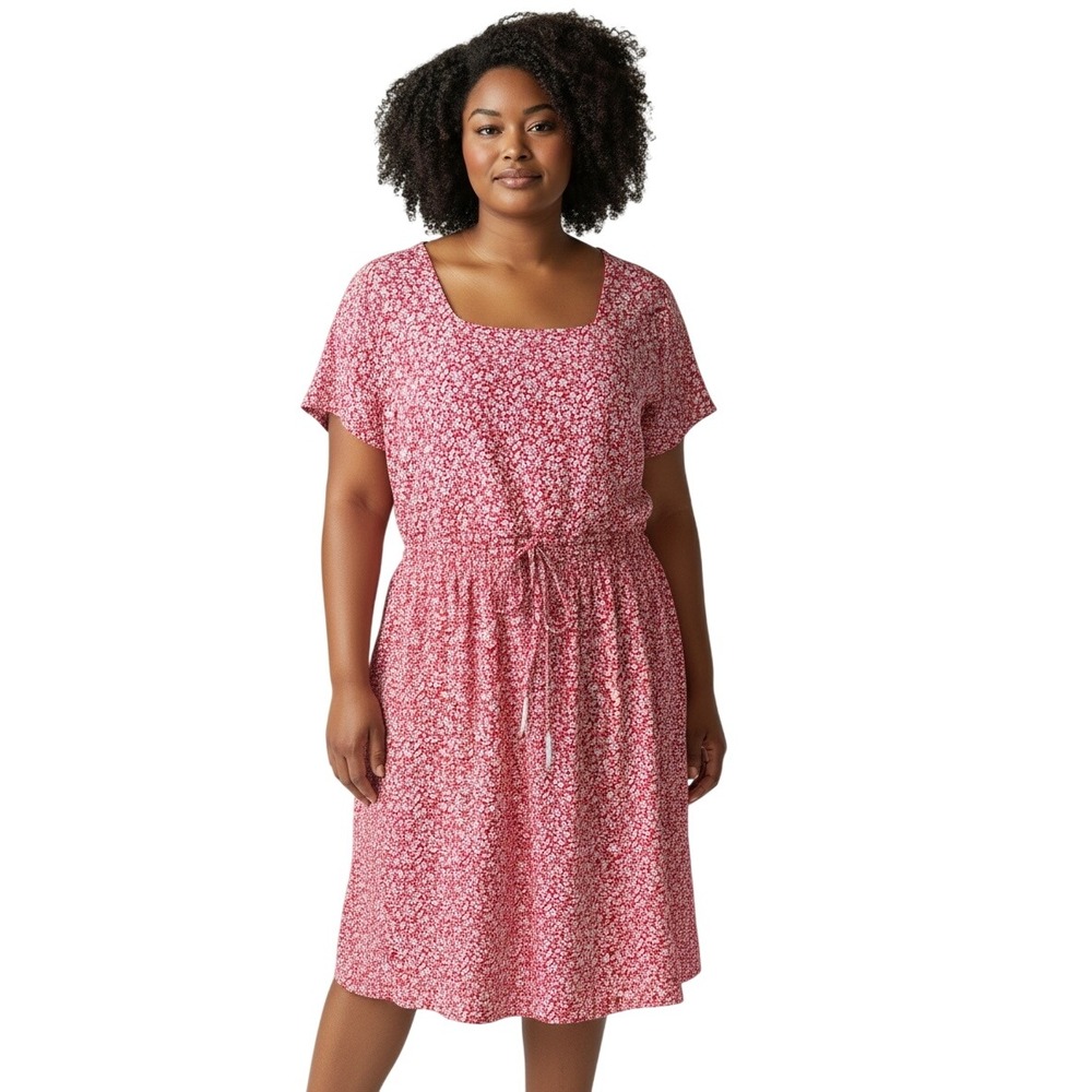 LANDS END New Floral Tencel Dress‎ Womens 2X Red Coastal Travel Modest Comfort